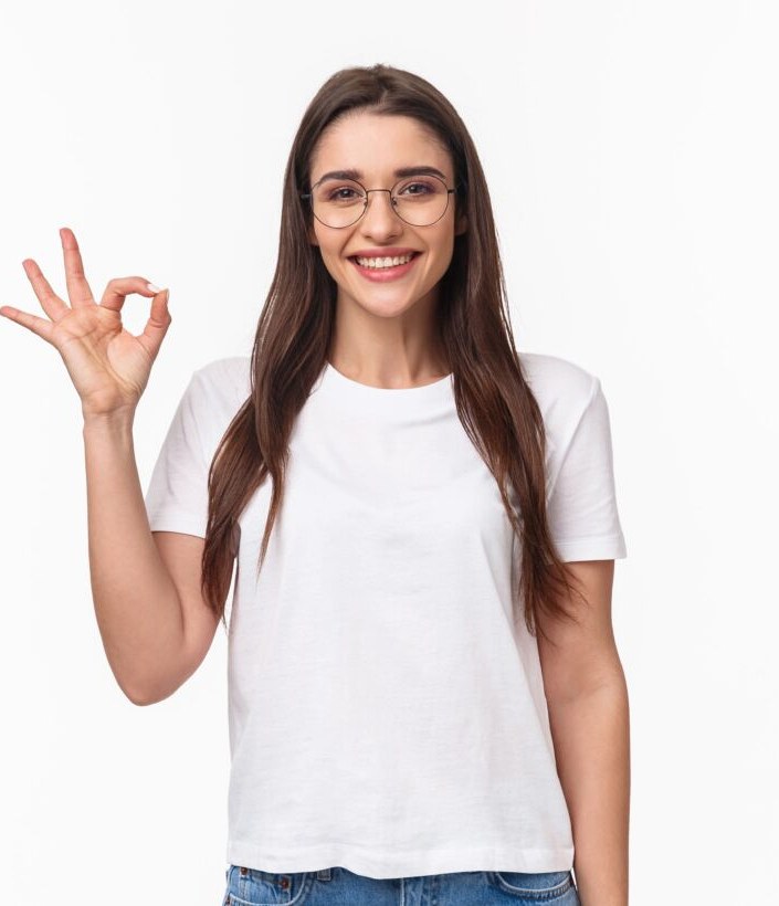 Happy woman giving an OK sign, satisfied with her ProGen results